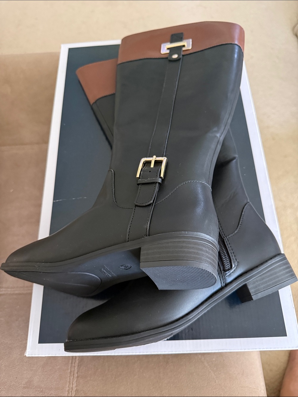 Karen Scott Black Riding Boots with Brown Cuff and Gold Buckle
